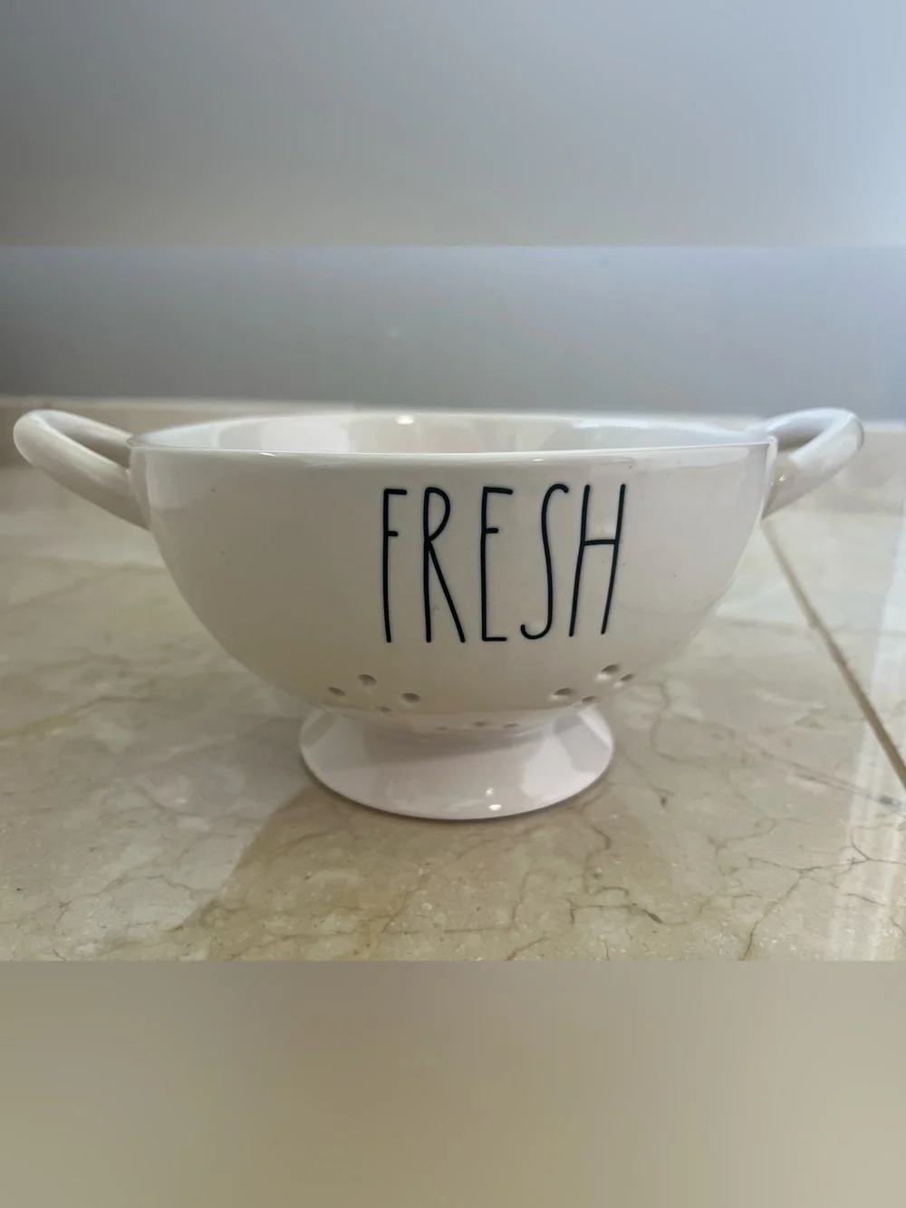 Rae Dunn FRESH Colander Ceramic White Black Strainer Berry Fruit Kitchen Bowl